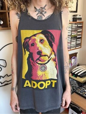 Obey Adopt A Pet Large Print Faded Black Cotton Tank Top ~ Size Large